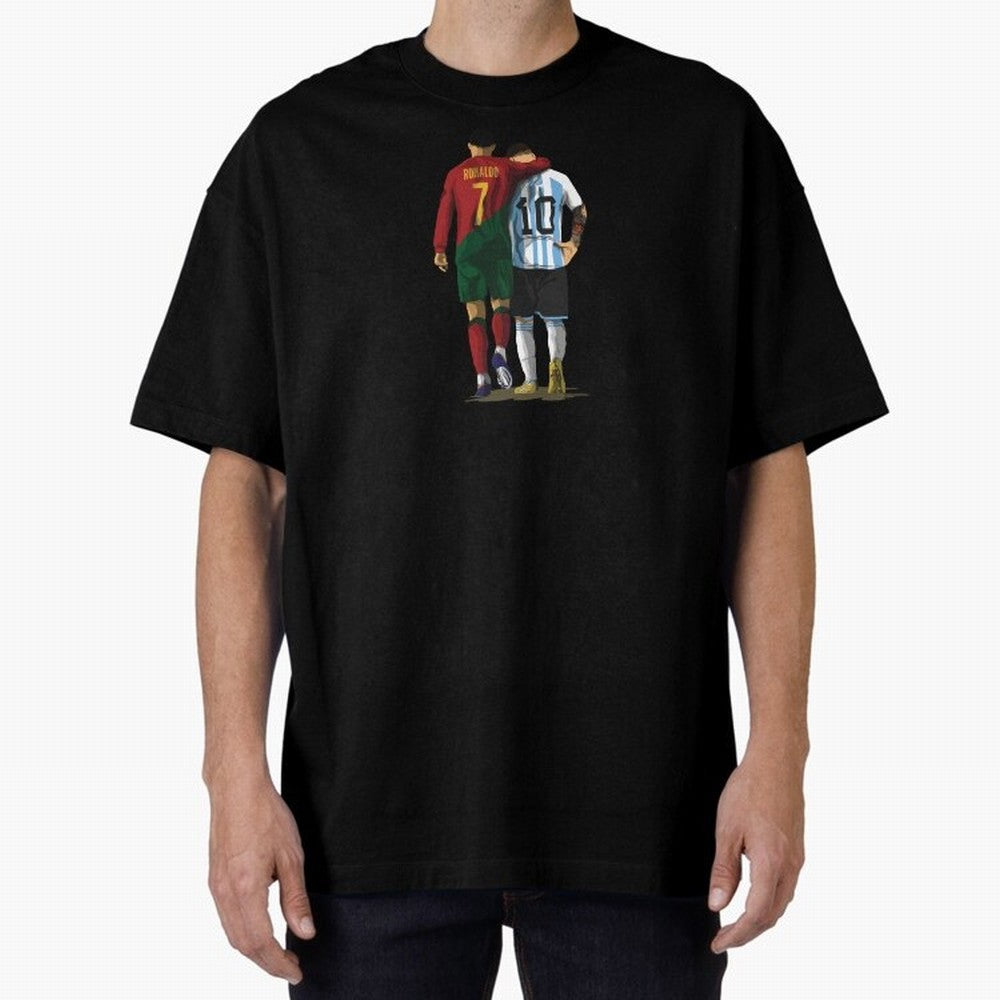 Messi Ronaldo Chit Chat Illustration Oversized T-Shirt Keep Football History Alive during FIFA World Cup 2026 with Haaland and Mbappe, France Energy, Vintage Soccer Flavor, Modern Football Stars, National Flags and Final Night Emotion; Great for