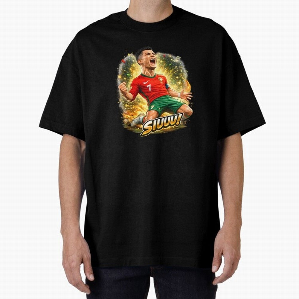 CR7 SIUUU Celebration Cartoon ¨C Legendary Football Goal Celebration Oversized T-Shirt Celebrate Fan Culture around FIFA World Cup 2026 USA Canada Mexico Spirit, Celebrating Argentina, Messi, Championship Spirit, Famous Goals, Roaring Crowds and