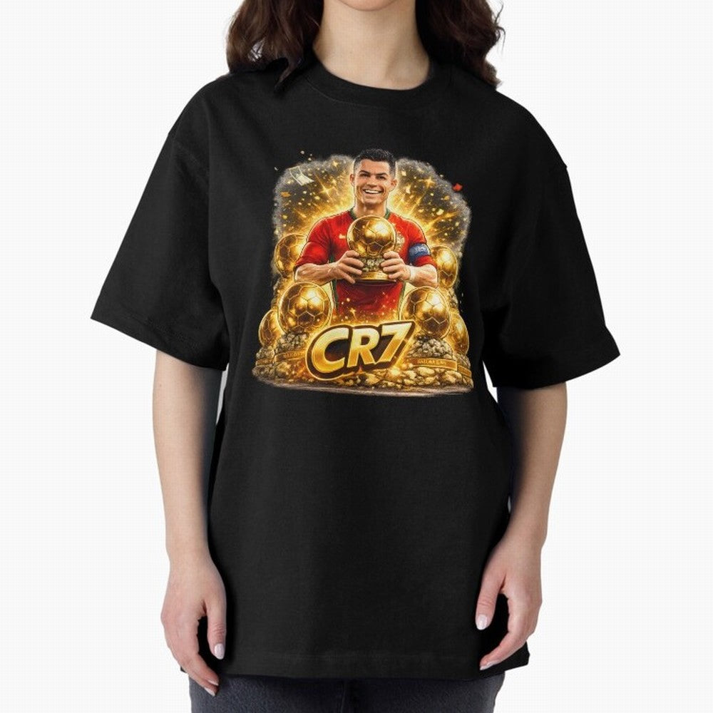 CR7 Five Ballon d'Or Trophies Cartoon ¨C Football Legend Illustration Oversized T-Shirt Celebrate Classic Football Spirit in Global Football Passion for FIFA World Cup 2026 Group Stage, Centered on Messi, Neymar and Mbappe, Argentina, Classic