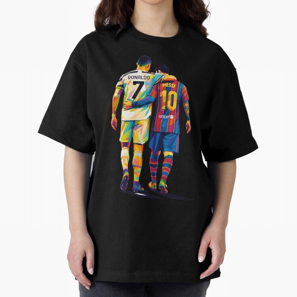 Cristiano Ronaldo and Messi Wpap Art Oversized T-Shirt Make the Season About FIFA World Cup 2026 Built around CR7 and Messi, Brazil, Portugal and Argentina Energy, Retro Football Energy, Iconic Rivalries, Trophy Chase Drama and Stadium Atmosphere;