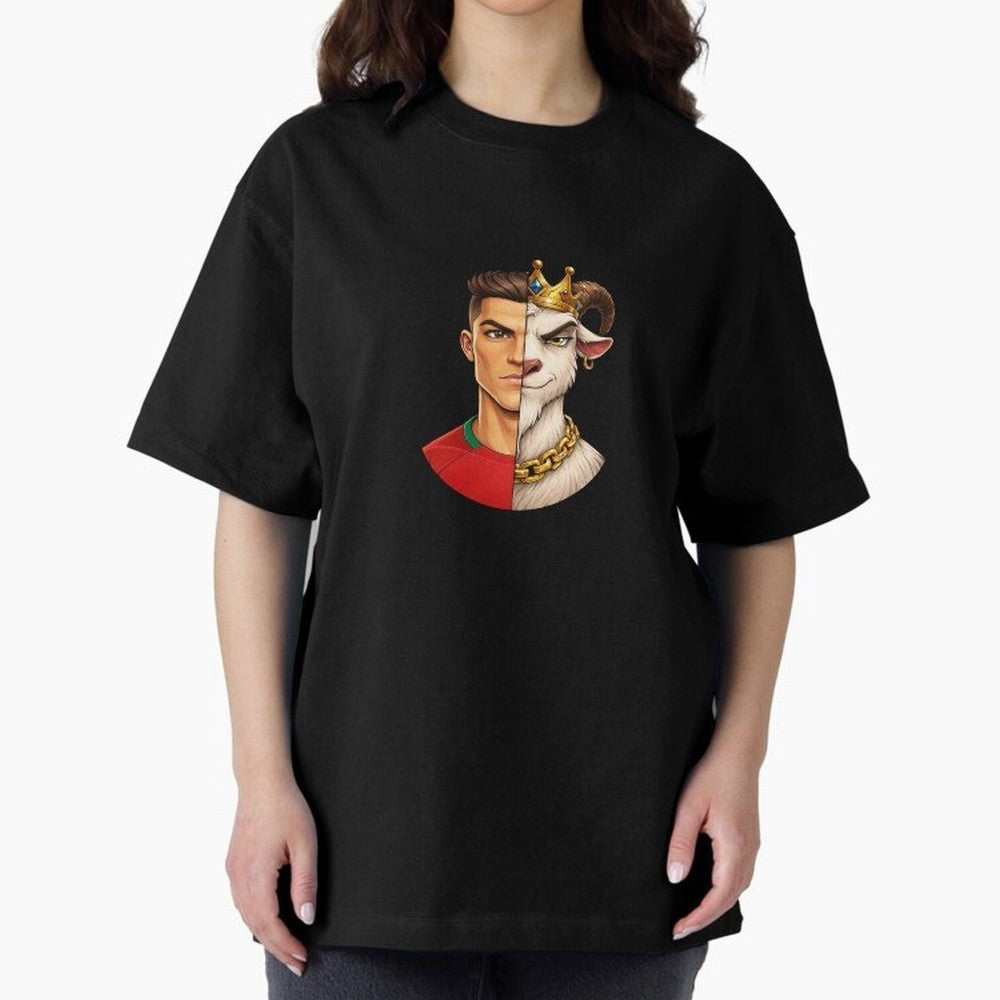 Half Man Half Goat - Cristiano Ronaldo Oversized T-Shirt Honor Football Greatness during Match Day Hype around FIFA World Cup 2026, Mbappe, Portugal, Spain and Germany, Soccer Culture, Superstar Moments, National Team Dreams and Competitive Fire;