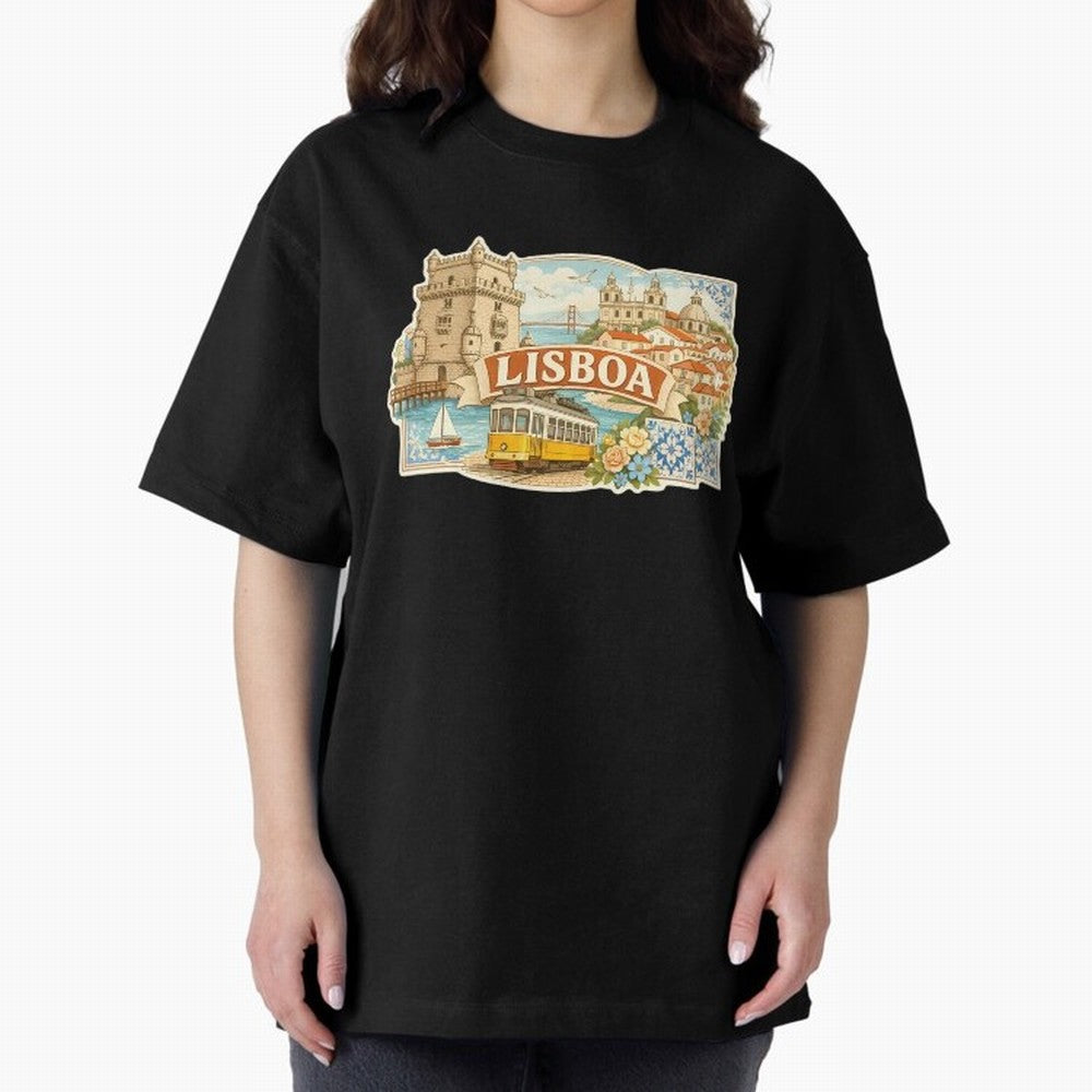 Vintage Tram Lisbon Illustration Oversized T-Shirt Make Your Look Match Global Football Passion for FIFA World Cup 2026 USA Canada Mexico, Inspired by Messi and Cristiano Ronaldo, Spain and Netherlands, Tournament Hype, Historic Matchups, Family