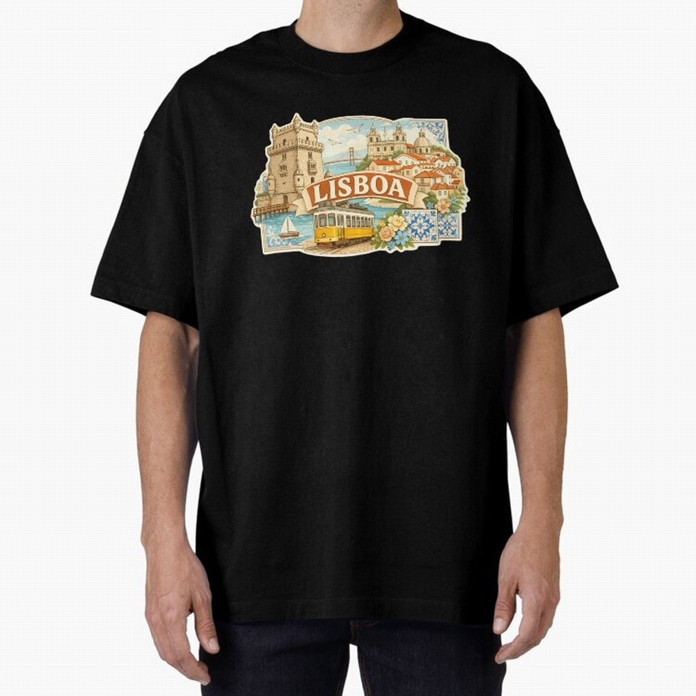 Vintage Tram Lisbon Illustration Oversized T-Shirt Make Your Look Match Global Football Passion for FIFA World Cup 2026 USA Canada Mexico, Inspired by Messi and Cristiano Ronaldo, Spain and Netherlands, Tournament Hype, Historic Matchups, Family