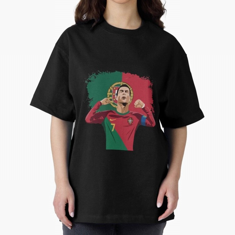 Cristiano Ronaldo CR7 T-shirt Design Oversized T-Shirt Celebrate National Team Dreams in Match Day Hype around FIFA World Cup 2026 Group Stage, CR7, Spain, Championship Spirit, Famous Goals, Roaring Crowds and International Football Unity; Made for