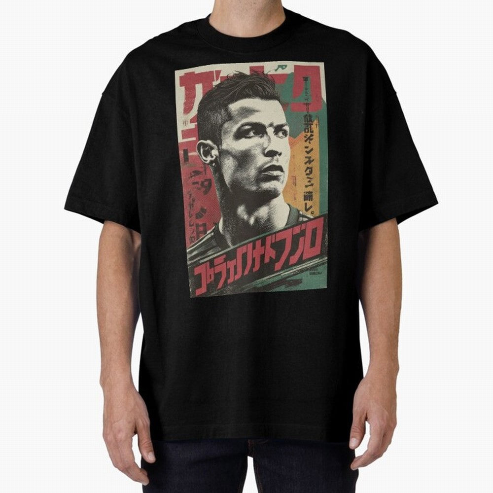 Cristiano Vintage Warned Japanese Poster Oversized T-Shirt Step into FIFA World Cup 2026 USA Canada Mexico for Fans of Messi and Cristiano Ronaldo and Argentina, France and Brazil, Bringing Vintage Soccer Flavor, Modern Football Stars, National