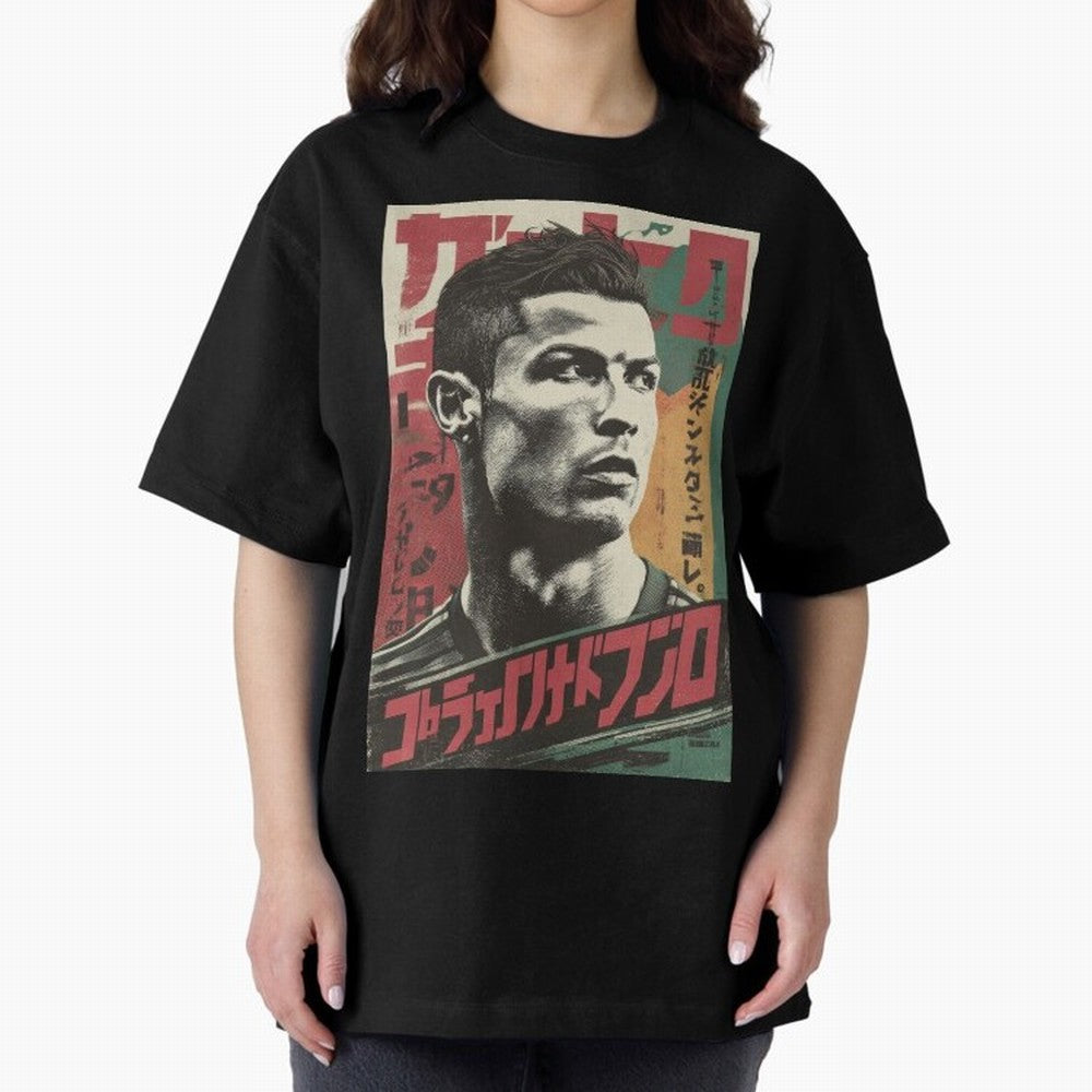 Cristiano Vintage Warned Japanese Poster Oversized T-Shirt Step into FIFA World Cup 2026 USA Canada Mexico for Fans of Messi and Cristiano Ronaldo and Argentina, France and Brazil, Bringing Vintage Soccer Flavor, Modern Football Stars, National