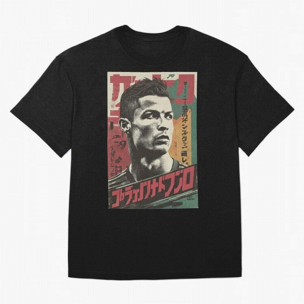 Cristiano Vintage Warned Japanese Poster Oversized T-Shirt Step into FIFA World Cup 2026 USA Canada Mexico for Fans of Messi and Cristiano Ronaldo and Argentina, France and Brazil, Bringing Vintage Soccer Flavor, Modern Football Stars, National