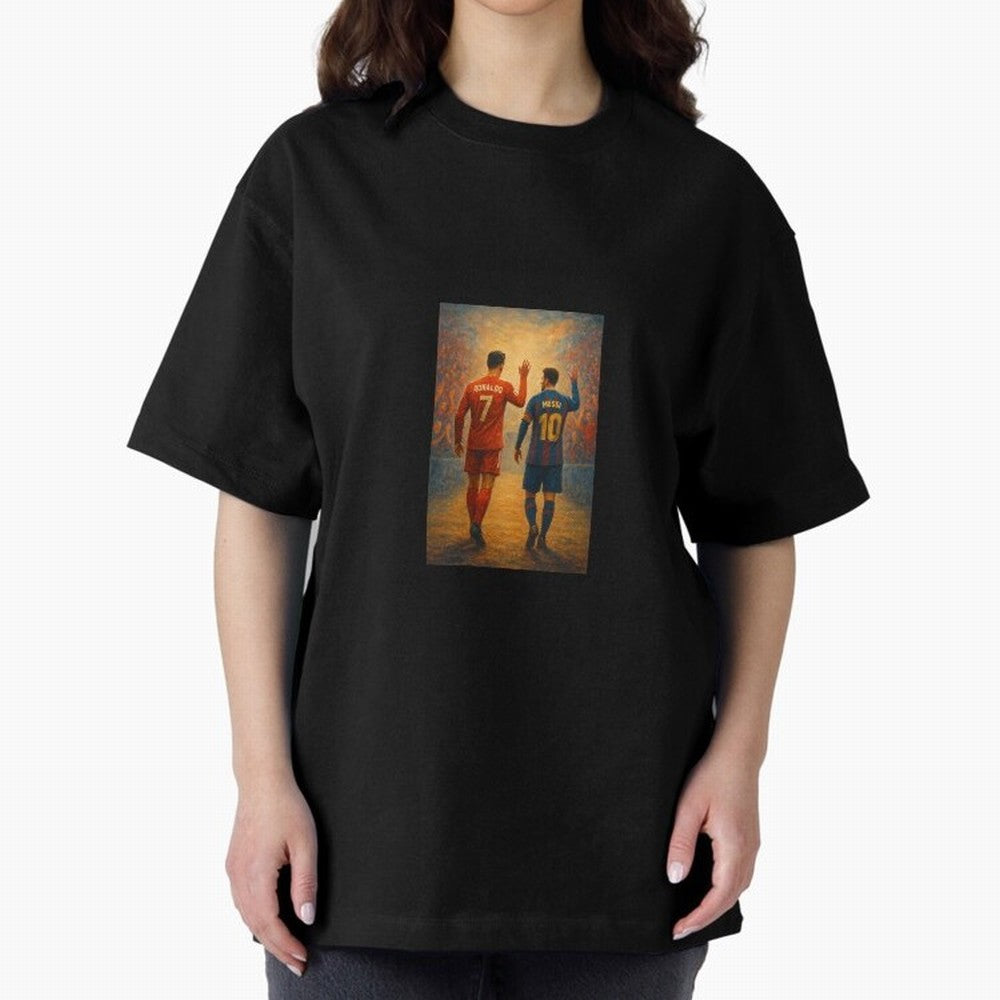 Cristiano Ronaldo and Messi Art Sticker Oversized T-Shirt Honor Global Football Passion for FIFA World Cup 2026, Inspired by Messi and Cristiano Ronaldo, Portugal, Sports Nostalgia, International Competition, Famous Players and Unforgettable
