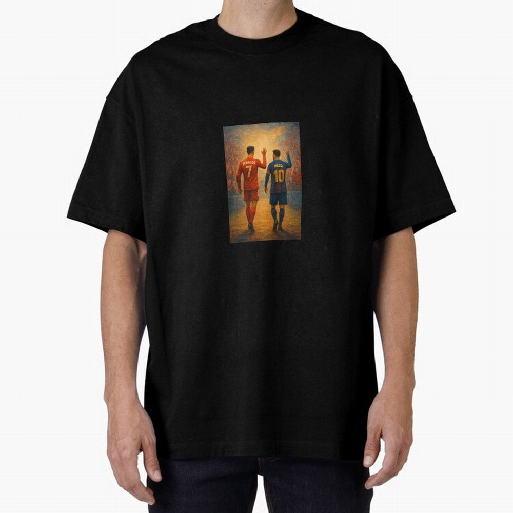 Cristiano Ronaldo and Messi Art Sticker Oversized T-Shirt Honor Global Football Passion for FIFA World Cup 2026, Inspired by Messi and Cristiano Ronaldo, Portugal, Sports Nostalgia, International Competition, Famous Players and Unforgettable