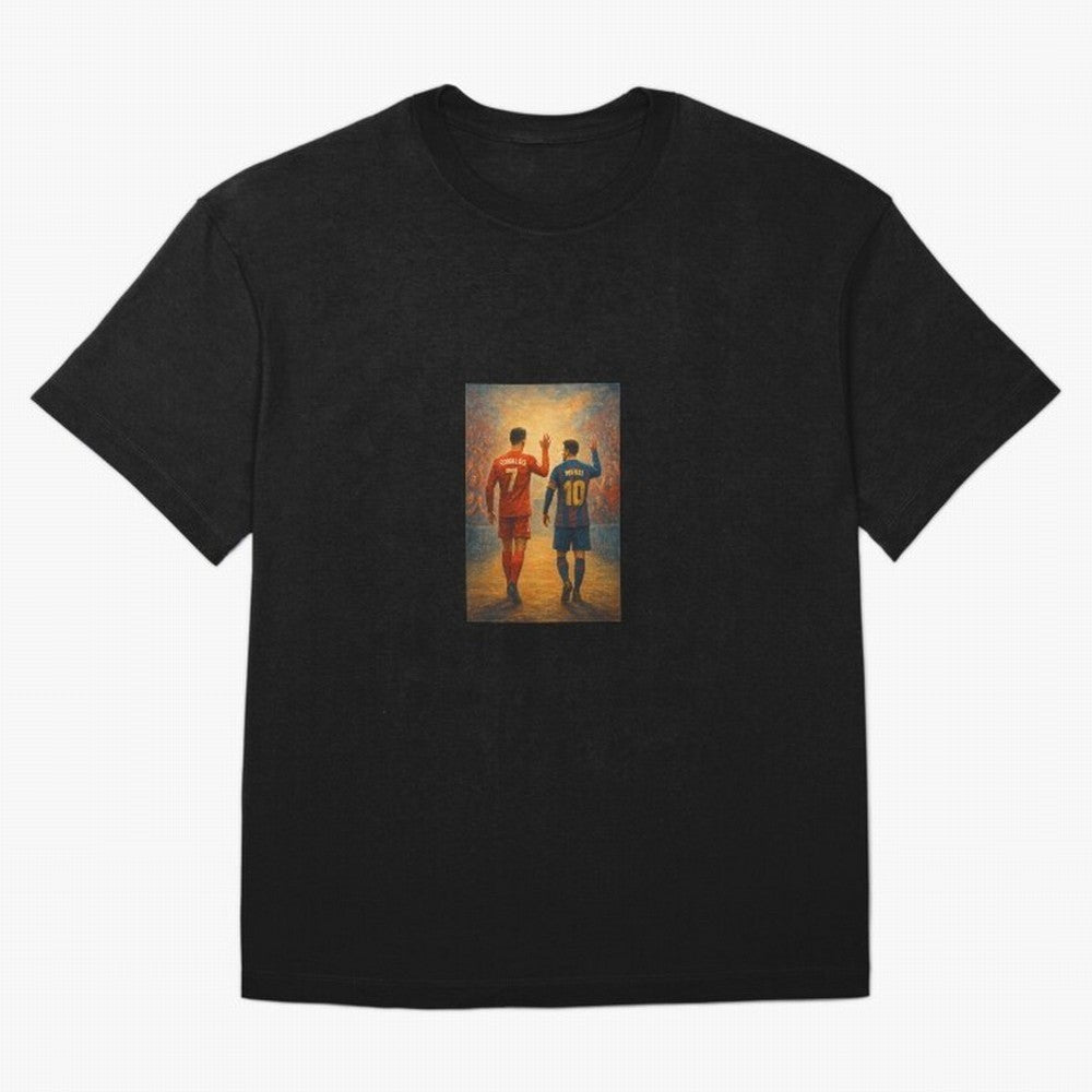 Cristiano Ronaldo and Messi Art Sticker Oversized T-Shirt Honor Global Football Passion for FIFA World Cup 2026, Inspired by Messi and Cristiano Ronaldo, Portugal, Sports Nostalgia, International Competition, Famous Players and Unforgettable