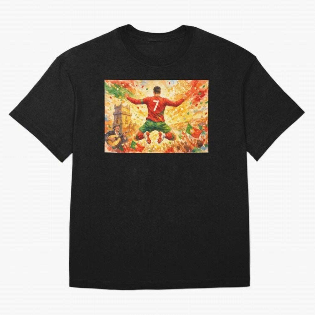 Soccer Player in Mid-Air Celebration Legend CR7 Oversized T-Shirt Make the Season About FIFA World Cup 2026 Group Stage for Fans of Messi and Portugal, Spain and Germany, Bringing Championship Spirit, Famous Goals, Roaring Crowds and International