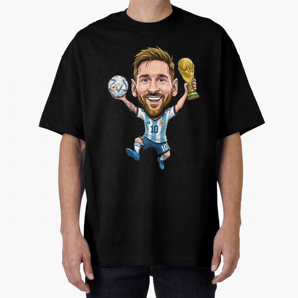 Messi Campion Caricatur Oversized T-Shirt Celebrate Soccer Greatness during FIFA World Cup 2026 Group Stage Spirit, Inspired by Netherlands, Neymar, Champion Mindset, Group Stage Buzz, Knockout Tension and Passionate Fan Culture; Perfect for Fans,