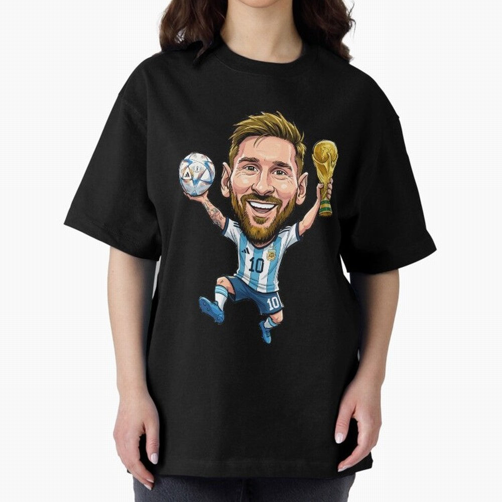 Messi Campion Caricatur Oversized T-Shirt Celebrate Soccer Greatness during FIFA World Cup 2026 Group Stage Spirit, Inspired by Netherlands, Neymar, Champion Mindset, Group Stage Buzz, Knockout Tension and Passionate Fan Culture; Perfect for Fans,