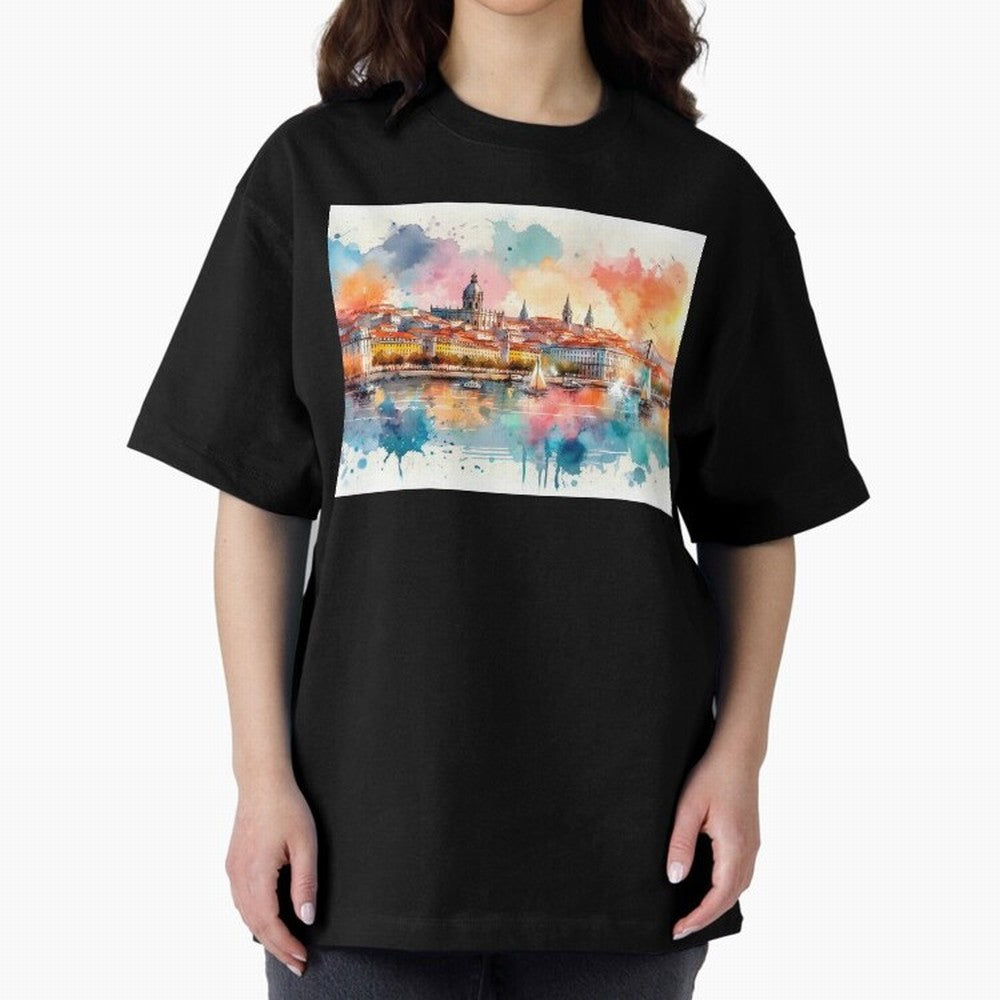 Lisbon cityscape with sailboats Oversized T-Shirt Follow Every Goal of Match Day Hype around FIFA World Cup 2026 Group Stage, CR7, Spain, Game Day Rituals, Football Legends, Country Pride and the Road to the Final; Perfect for People Who Love