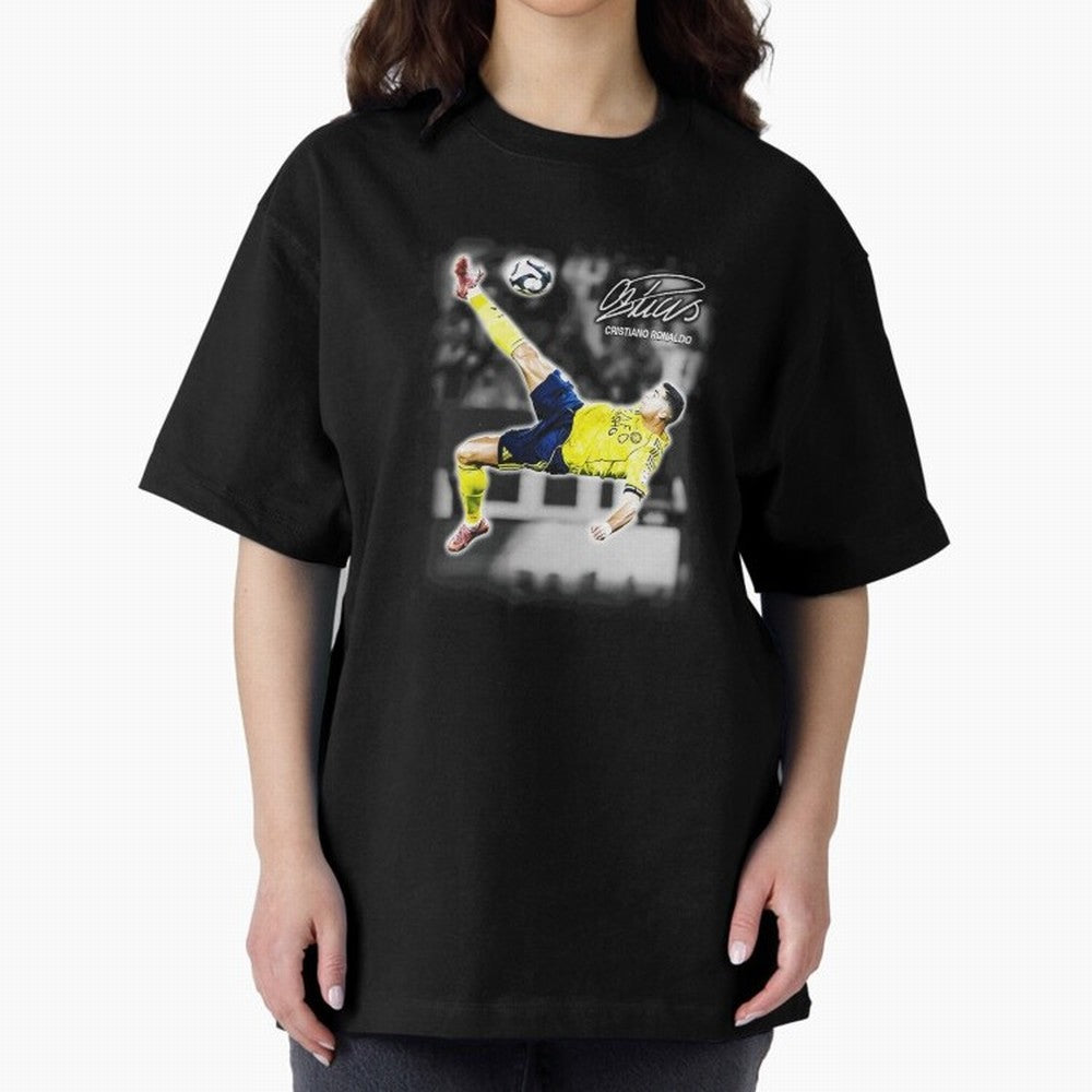 Cristiano Ronaldo Bicycle Kick Oversized T-Shirt Fuel FIFA World Cup 2026 USA Canada Mexico for Fans of Messi and Spain and Netherlands, Bringing Sports Nostalgia, International Competition, Famous Players and Unforgettable Victories; Perfect for