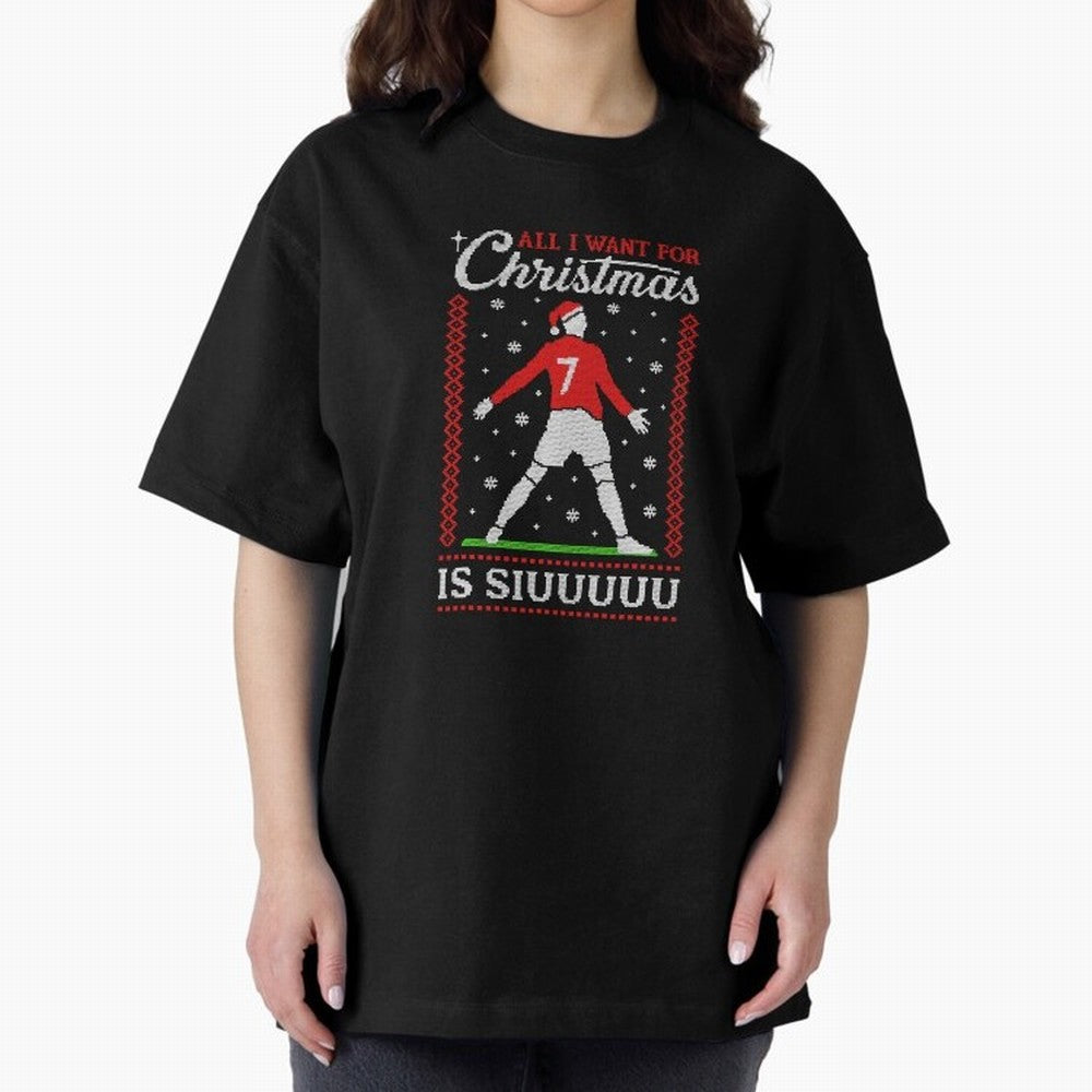 All I Want For Christmas Is Siuu Funny Christmas Festive Knitted Oversized T-Shirt Spotlight Match Day Hype around FIFA World Cup 2026 Group Stage, Messi, Brazil, Retro Football Energy, Iconic Rivalries, Trophy Chase Drama and Stadium Atmosphere;