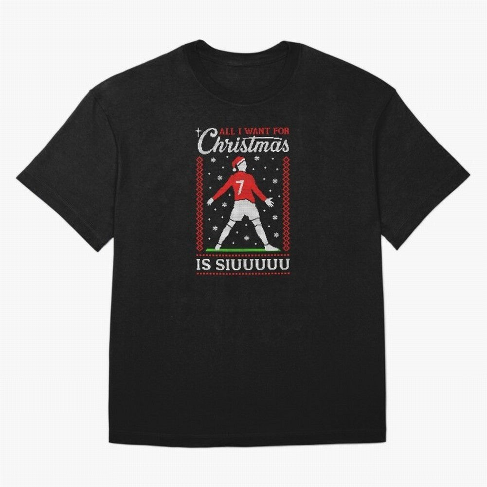 All I Want For Christmas Is Siuu Funny Christmas Festive Knitted Oversized T-Shirt Spotlight Match Day Hype around FIFA World Cup 2026 Group Stage, Messi, Brazil, Retro Football Energy, Iconic Rivalries, Trophy Chase Drama and Stadium Atmosphere;