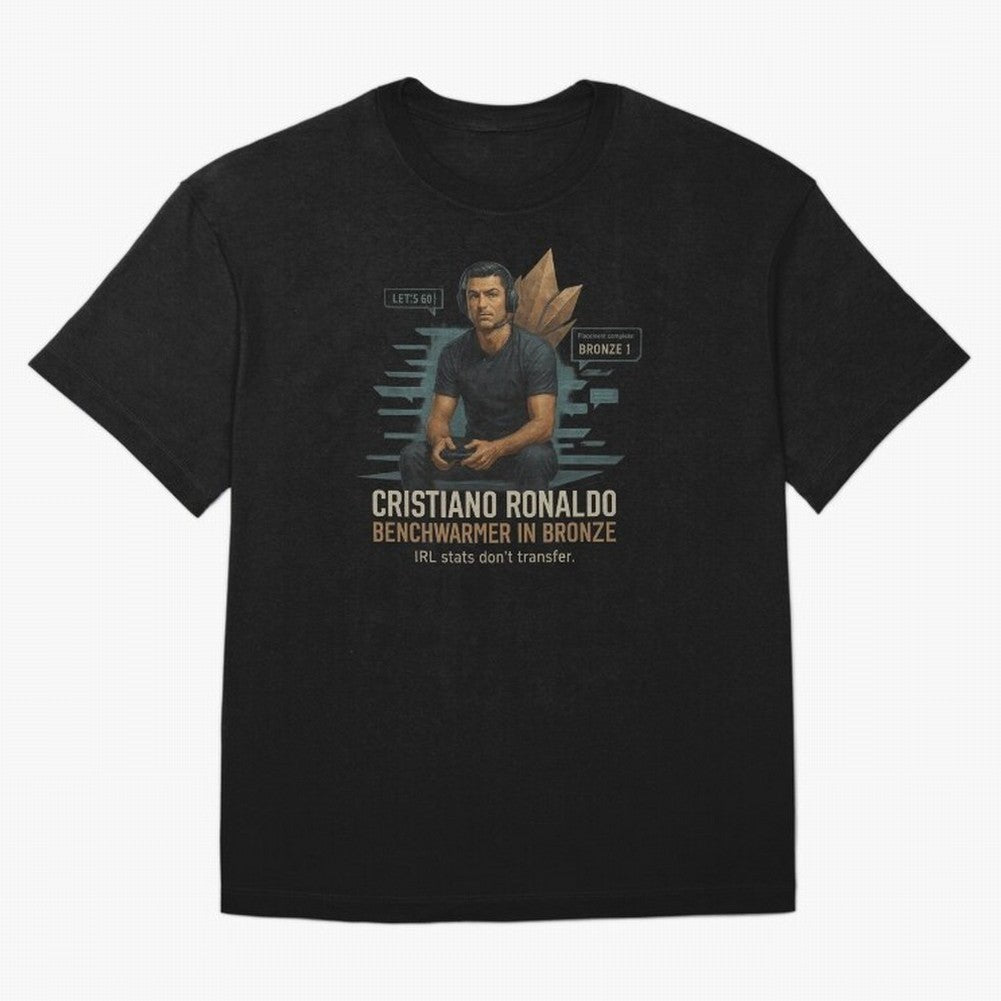 Cristiano Ronaldo Bronze Gamer ¨C Benchwarmers IRL Stats Don¡¯t Transfer Oversized T-Shirt Keep the Match Day Mood of FIFA World Cup 2026 Group Stage Spirit, Made for Argentina and Brazil, Messi, Football Festival Excitement, Trophy Ambitions,