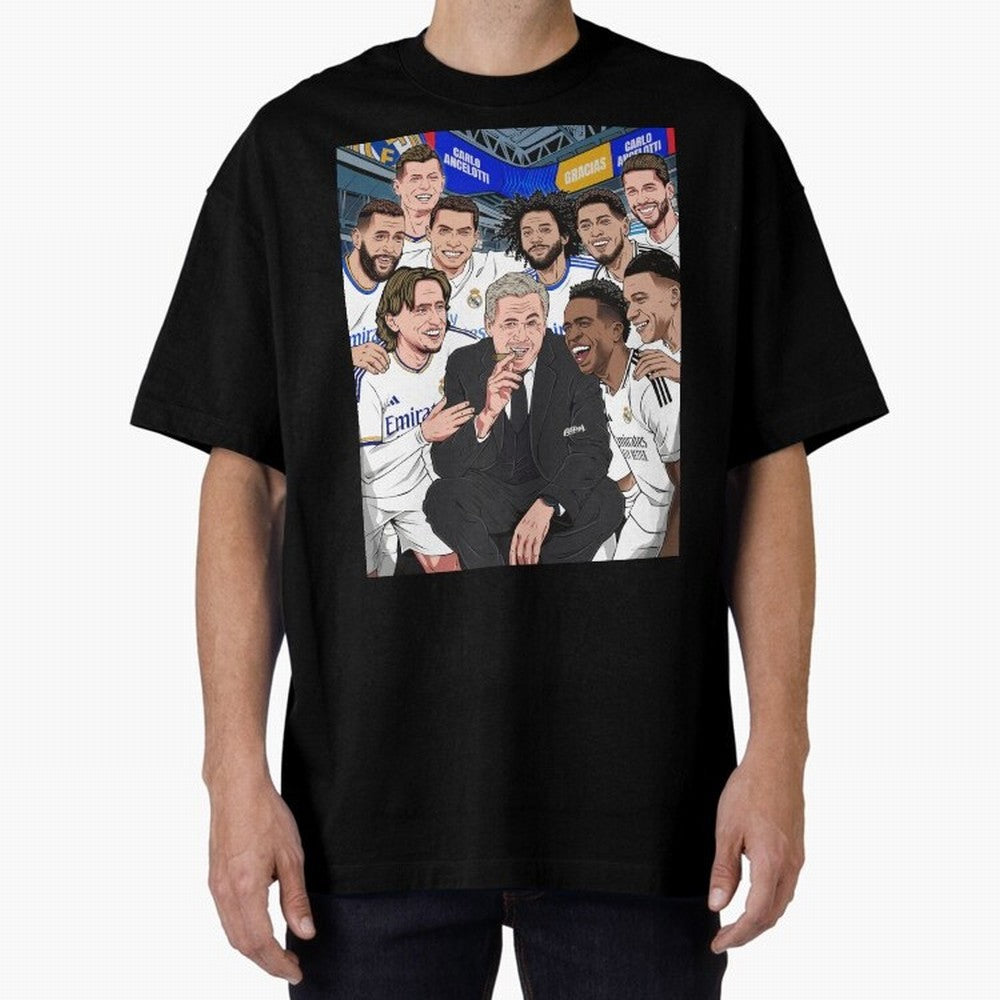 Carlo Ancelotti and Real Madrid Players Oversized T-Shirt Represent Football Lovers during Global Football Passion for FIFA World Cup 2026, Capturing Messi, Brazil, Portugal and Argentina, Championship Spirit, Famous Goals, Roaring Crowds and