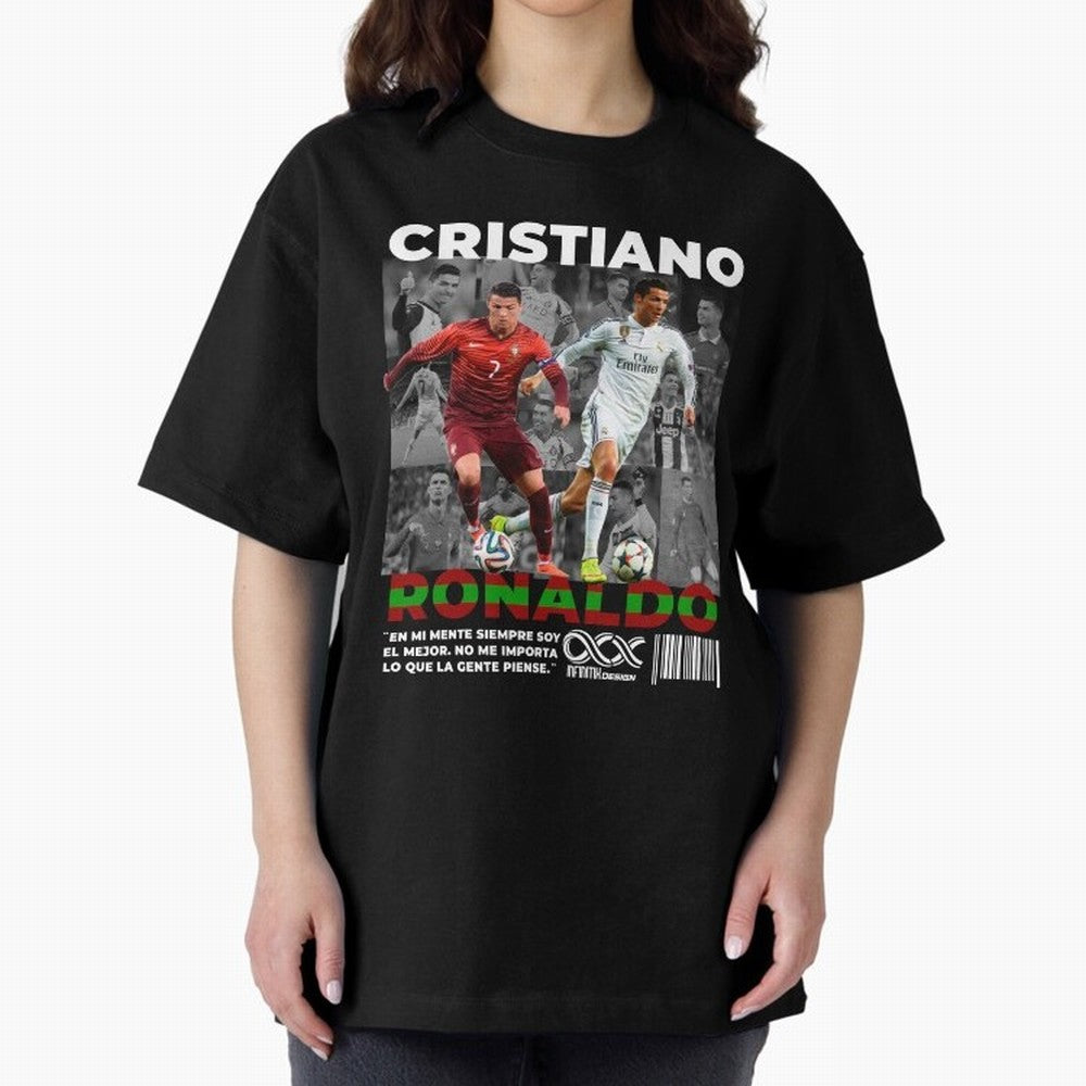 Cristiano Ronaldo Collage Oversized T-Shirt Show Your Stadium Side during the FIFA World Cup 2026 USA Canada Mexico Journey through Messi Highlights, Spain Pride, Championship Spirit, Famous Goals, Roaring Crowds and International Football Unity;