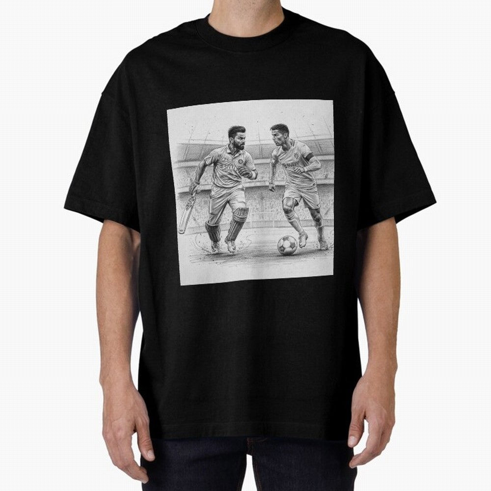 Virat Kohli and Cristiano Ronaldo Oversized T-Shirt Capture FIFA World Cup 2026 Group Stage for Fans of Haaland and Mbappe and France, Bringing Sports Nostalgia, International Competition, Famous Players and Unforgettable Victories; Made for