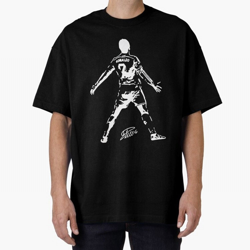 Retro Football Player Celebration Silhouette Artwork For Men And Gift For Soccer Fans Oversized T-Shirt Treasure FIFA World Cup 2026 USA Canada Mexico Spirit, Driven by Portugal, Spain and Germany, Messi and Cristiano Ronaldo, Goal Celebration