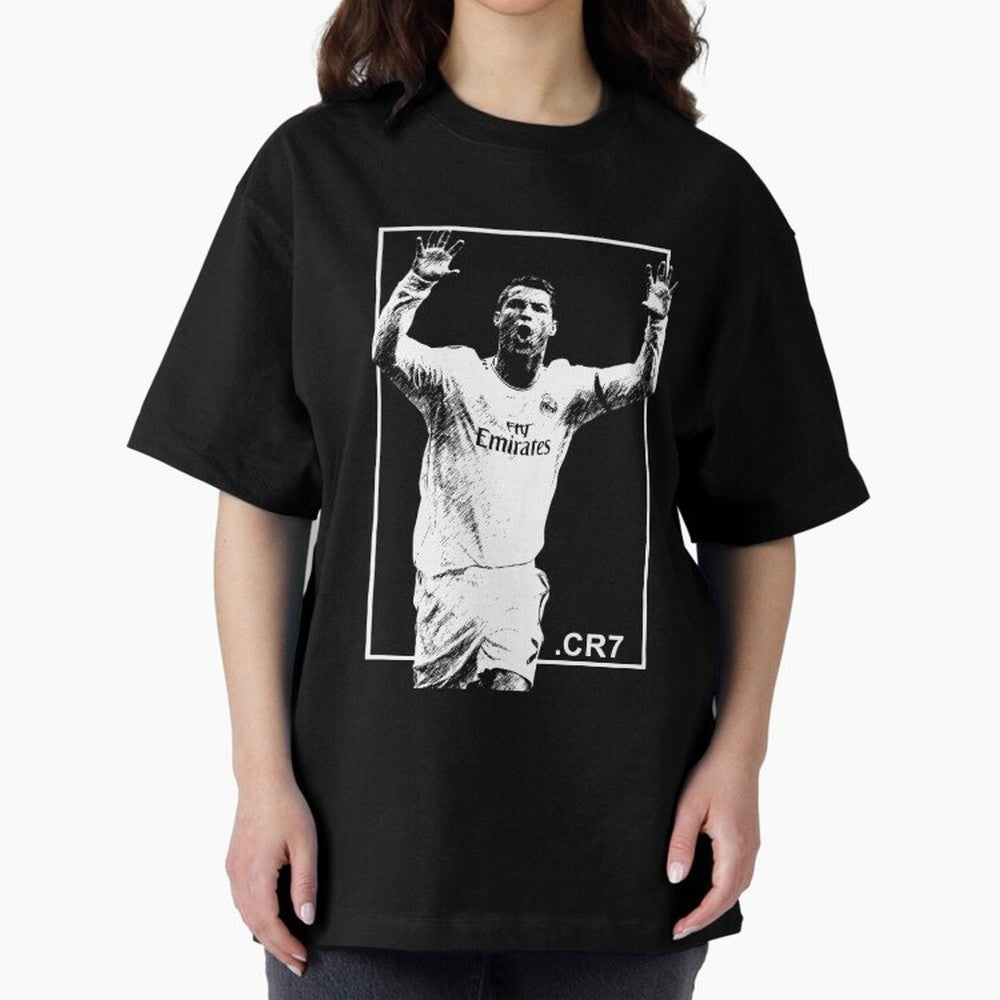 Cristiano Ronaldo CR7 in Black and White Design Oversized T-Shirt Feel International Energy from FIFA World Cup 2026 for Fans of CR7 and Spain, Bringing Game Day Rituals, Football Legends, Country Pride and the Road to the Final; Made for Die Hard