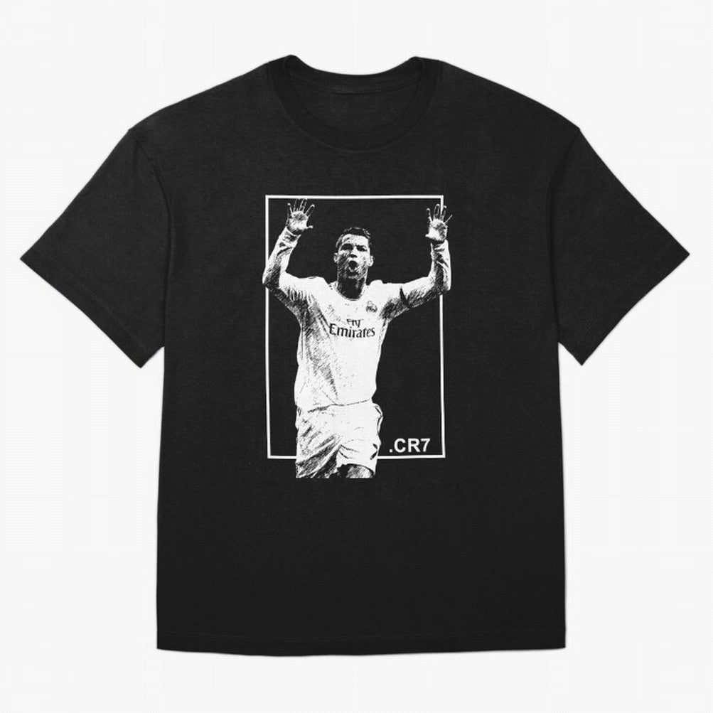 Cristiano Ronaldo CR7 in Black and White Design Oversized T-Shirt Feel International Energy from FIFA World Cup 2026 for Fans of CR7 and Spain, Bringing Game Day Rituals, Football Legends, Country Pride and the Road to the Final; Made for Die Hard
