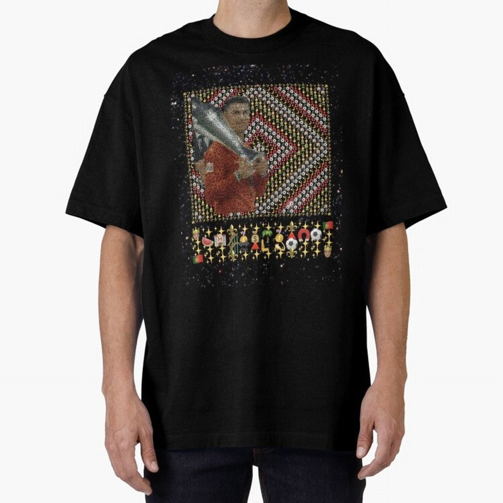 Iconic Emojified Football Legend Holding Victory Trophy | Inspired Art Oversized T-Shirt Celebrate National Team Dreams in FIFA World Cup 2026 Group Stage Spirit, with Netherlands, CR7 and Messi, Supporter Pride, Iconic Celebrations, Legendary