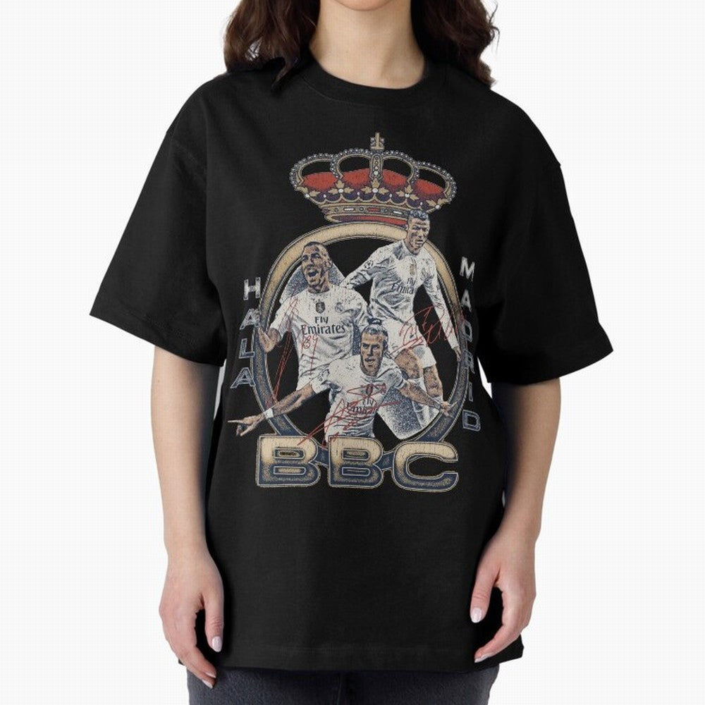 BBC of Real Madrid Oversized T-Shirt Carry the Dream of FIFA World Cup 2026 Group Stage Spirit, Featuring France and Portugal, Haaland, Worldwide Fan Energy, Dramatic Goals, Stadium Lights and Championship Celebrations; Perfect for Fans,