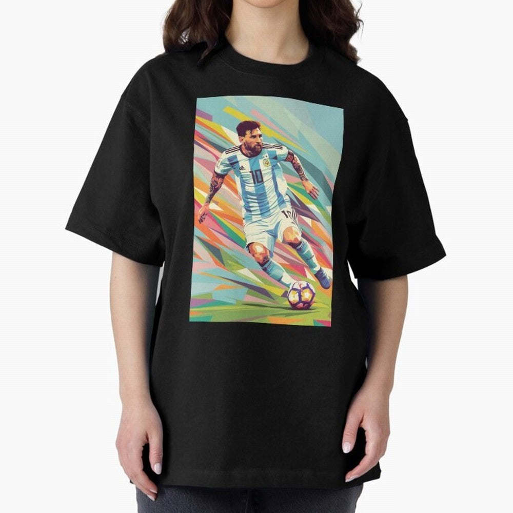 Messi in action Graphic poster design Oversized T-Shirt Create FIFA World Cup 2026 USA Canada Mexico Spirit, Connected to Argentina and Brazil, Cristiano Ronaldo, Haaland and CR7, Vintage Soccer Flavor, Modern Football Stars, National Flags and