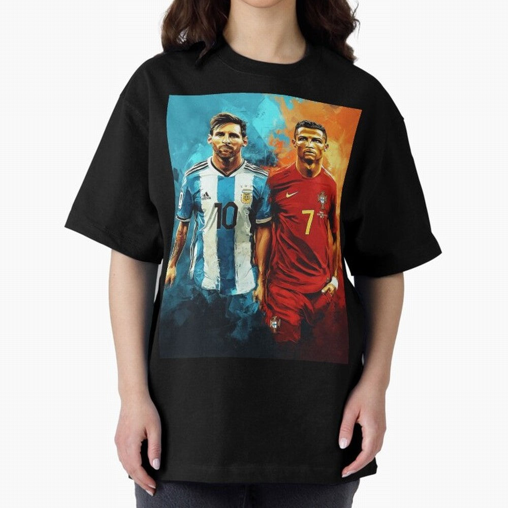 Lionel Messi and Cristiano Ronaldo Oversized T-Shirt Fuel FIFA World Cup 2026 Group Stage Celebrating Cristiano Ronaldo, Haaland and CR7, Argentina Energy, Championship Spirit, Famous Goals, Roaring Crowds and International Football Unity; Made for
