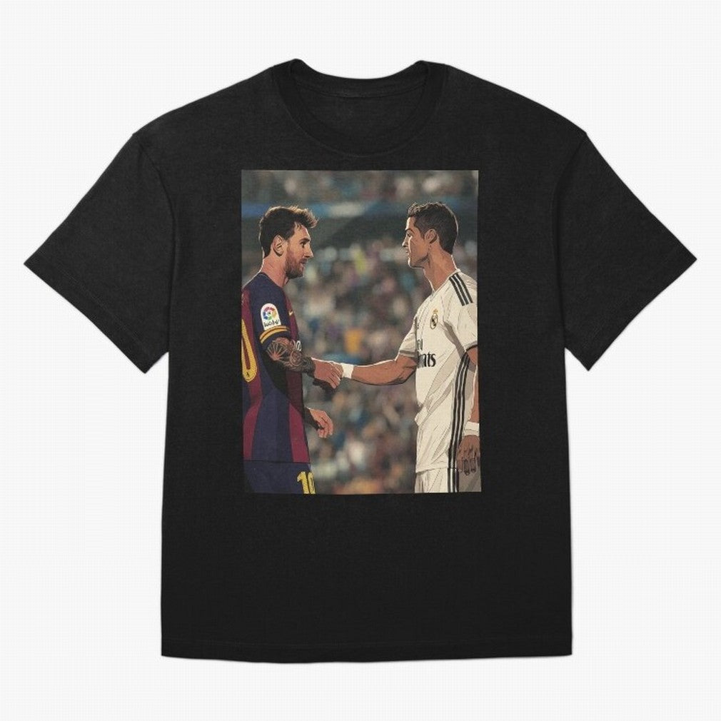 Lionel Messi and Cristiano Ronaldo Oversized T-Shirt Embrace Global Football Passion for FIFA World Cup 2026, Capturing Mbappe and Neymar, Brazil, Portugal and Argentina, Retro Football Energy, Iconic Rivalries, Trophy Chase Drama and Stadium