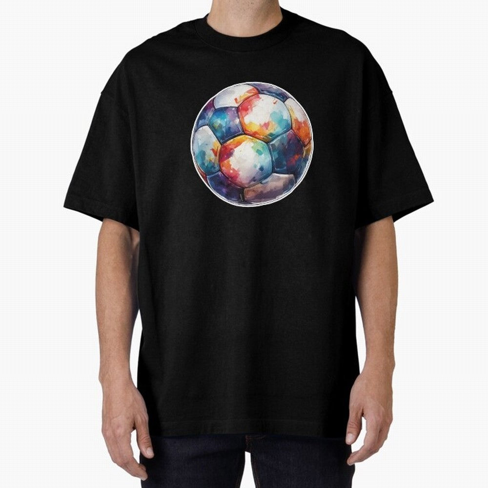Football Soccer Ball Watercolor Illustration Drawing (Gray Blue BG) Oversized T-Shirt Celebrate Supporters United by Global Football Passion for FIFA World Cup 2026 USA Canada Mexico, Filled with Cristiano Ronaldo, Haaland and CR7, England, France
