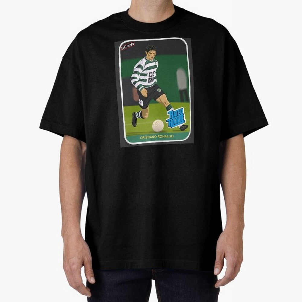 Sporting Lisbon Cristiano Ronaldo Rookie Card Artwork Oversized T-Shirt Cheer for FIFA World Cup 2026 Spirit, Highlighting Portugal, Messi, CR7 and Mbappe, Championship Spirit, Famous Goals, Roaring Crowds and International Football Unity; Ideal