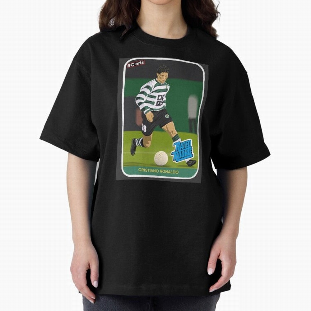 Sporting Lisbon Cristiano Ronaldo Rookie Card Artwork Oversized T-Shirt Cheer for FIFA World Cup 2026 Spirit, Highlighting Portugal, Messi, CR7 and Mbappe, Championship Spirit, Famous Goals, Roaring Crowds and International Football Unity; Ideal