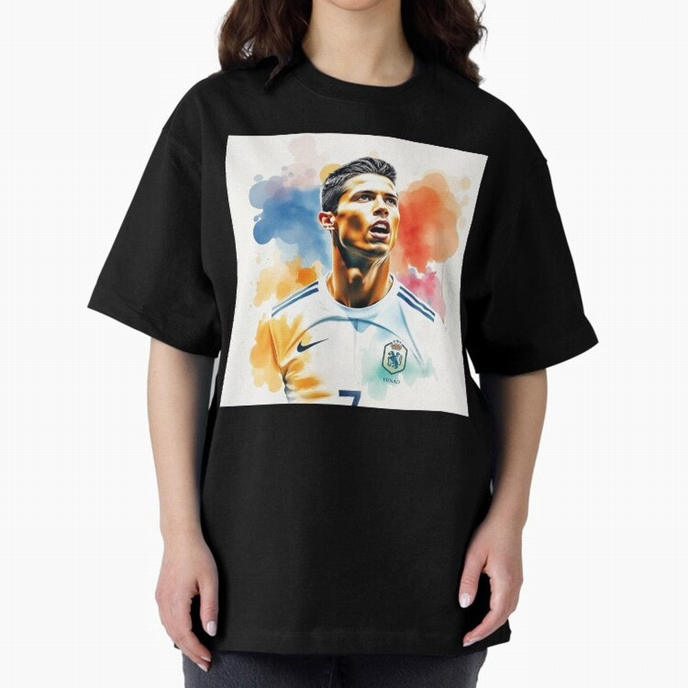 Cristiano Ronaldo Watercolor Panting Oversized T-Shirt Follow FIFA World Cup 2026 Group Stage with Mbappe and Neymar, France Energy, Stadium Memories, Football Loyalty, International Chants and Championship Tradition; Perfect for People Who Love