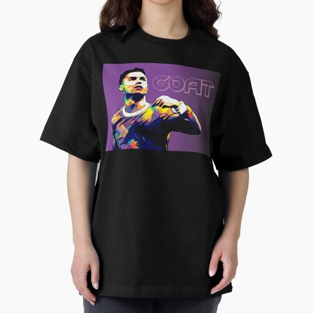 Cristiano Ronaldo Goat Popart Oversized T-Shirt Feel the Trophy Chase of FIFA World Cup 2026 USA Canada Mexico Inspired by CR7, Germany Energy, Retro Football Energy, Iconic Rivalries, Trophy Chase Drama and Stadium Atmosphere; Made for Collectors