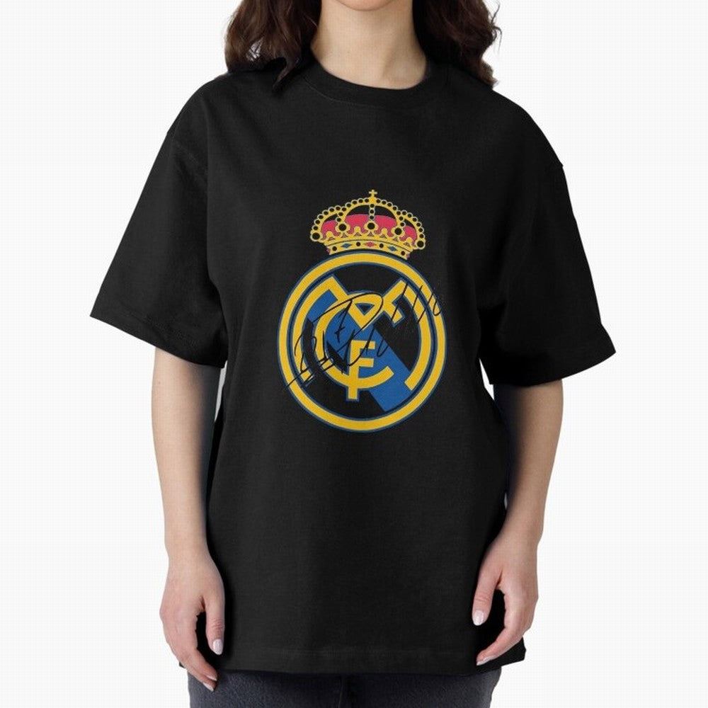 Real Madrid C.F. crest with Cristiano Ronaldo's autograph Oversized T-Shirt Show Passion for the Stars of FIFA World Cup 2026 USA Canada Mexico Spirit, Inspired by Spain and Netherlands, Messi, CR7 and Mbappe, Global Supporter Spirit, Legendary