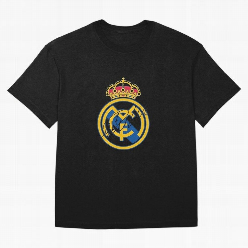 Real Madrid C.F. crest with Cristiano Ronaldo's autograph Oversized T-Shirt Show Passion for the Stars of FIFA World Cup 2026 USA Canada Mexico Spirit, Inspired by Spain and Netherlands, Messi, CR7 and Mbappe, Global Supporter Spirit, Legendary