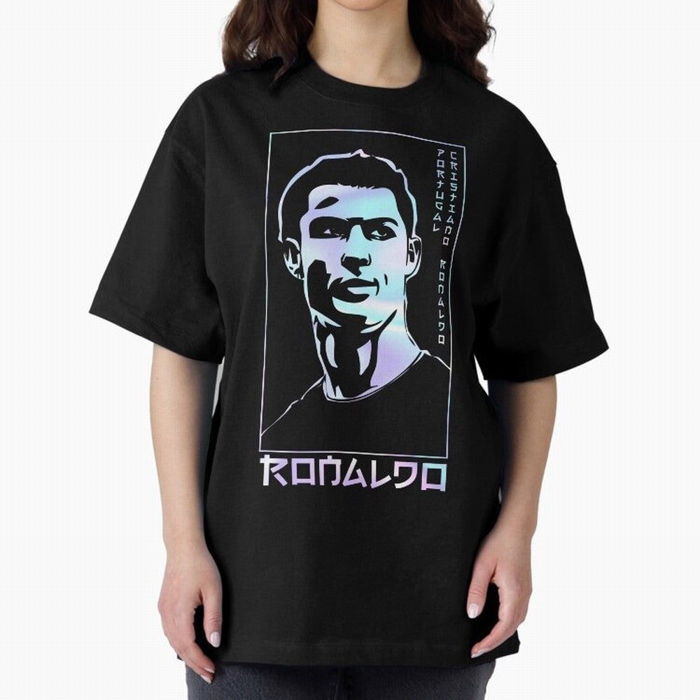 Ronaldo holographic Style Portrait art illustration Oversized T-Shirt Celebrate Classic Football Spirit in FIFA World Cup 2026 USA Canada Mexico Spirit, with Spain and Netherlands, Messi and Cristiano Ronaldo, Supporter Pride, Iconic Celebrations,
