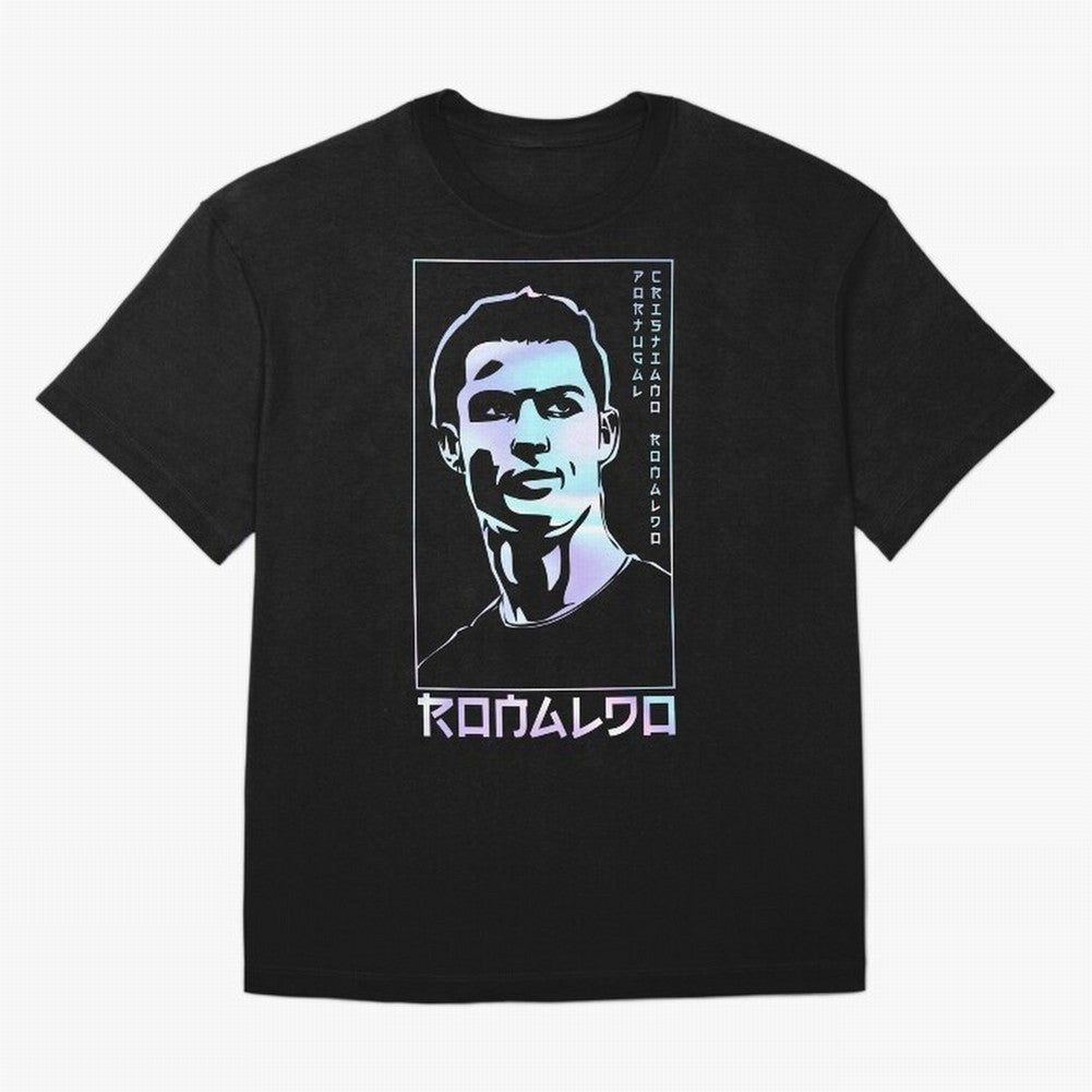 Ronaldo holographic Style Portrait art illustration Oversized T-Shirt Celebrate Classic Football Spirit in FIFA World Cup 2026 USA Canada Mexico Spirit, with Spain and Netherlands, Messi and Cristiano Ronaldo, Supporter Pride, Iconic Celebrations,