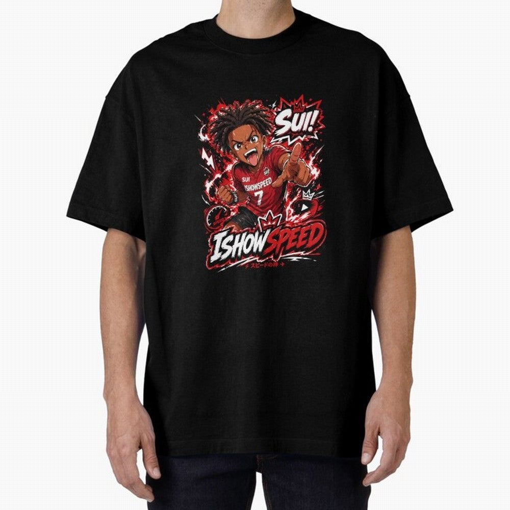I Show Speed SUI Anime poster | Hype art Red Black Streewear Oversized T-Shirt Capture Global Football Passion for FIFA World Cup 2026, Capturing Messi and Cristiano Ronaldo, Brazil, Championship Spirit, Famous Goals, Roaring Crowds and