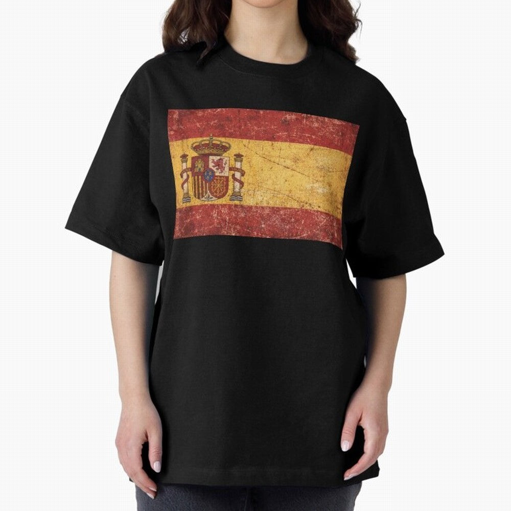Vintage Distressed Spanish Flag Oversized T-Shirt Bring International Match Energy to Global Football Passion for FIFA World Cup 2026, Driven by Haaland and Mbappe, Brazil, Portugal and Argentina, Fan Favorite Moments, National Team Passion, Big