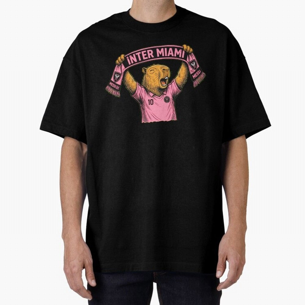 Capybara Inter Miami Fan Celebrating ¨C Funny Soccer Illustration with Scarf Oversized T-Shirt Keep the Match Day Mood of FIFA World Cup 2026 Group Stage for Fans of Haaland and Portugal, Spain and Germany, Bringing Football Festival Excitement,