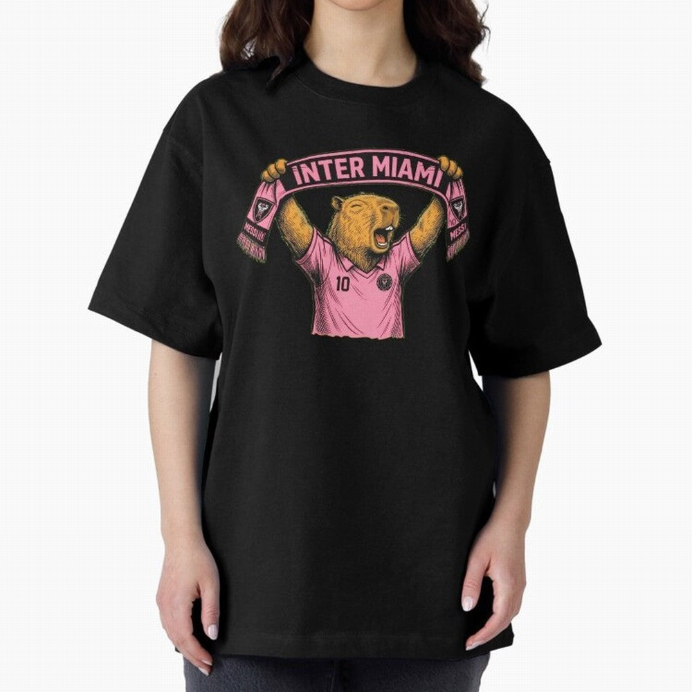 Capybara Inter Miami Fan Celebrating ¨C Funny Soccer Illustration with Scarf Oversized T-Shirt Keep the Match Day Mood of FIFA World Cup 2026 Group Stage for Fans of Haaland and Portugal, Spain and Germany, Bringing Football Festival Excitement,