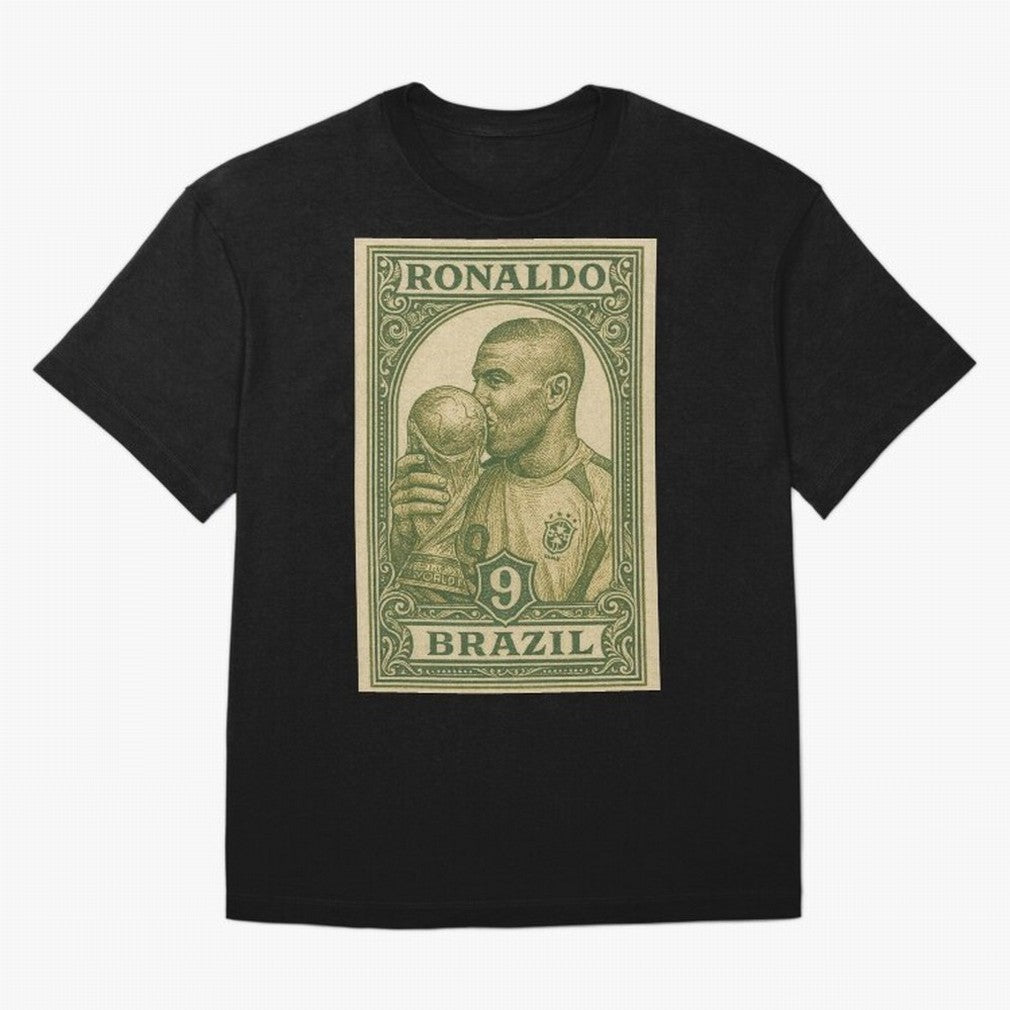 Vintage Brazilian Ronaldo Fenomeno R9 Football Legend Stamp Illustration ¨C Retro Soccer World Cup Art Print Oversized T-Shirt Celebrate Every Goal in FIFA World Cup 2026 for Fans of Neymar, Haaland and Cristiano Ronaldo and France, Bringing