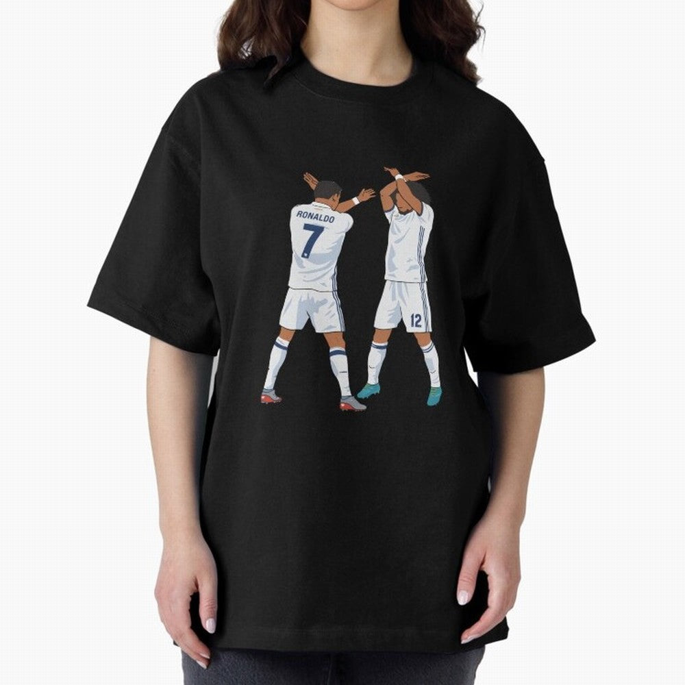 Ronaldo Madrid Celebration Duo Oversized T-Shirt Show Match Day Excitement for Match Day Hype around FIFA World Cup 2026, CR7 and Messi, Spain, Championship Spirit, Famous Goals, Roaring Crowds and International Football Unity; Great for Watch