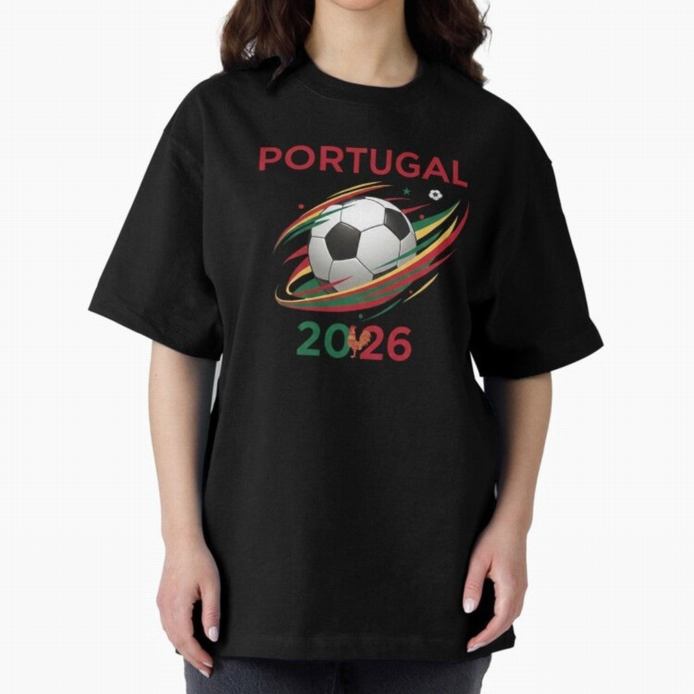 Camiseta Portugal 2026 - Bola de Futebol e Design Galo de Barcelos. Oversized T-Shirt Honor Football Greatness during Global Football Passion for FIFA World Cup 2026, Made for Mbappe and Neymar, Portugal, Stadium Chants, National Pride, Trophy