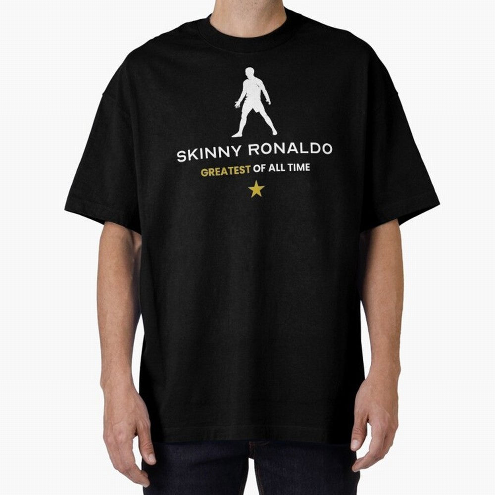 Skinny Ronaldo The Greatest Of All Time White Oversized T-Shirt Follow the Final Road of Global Football Passion for FIFA World Cup 2026 Group Stage, Featuring Cristiano Ronaldo, Haaland and CR7, Spain, Supporter Pride, Iconic Celebrations,